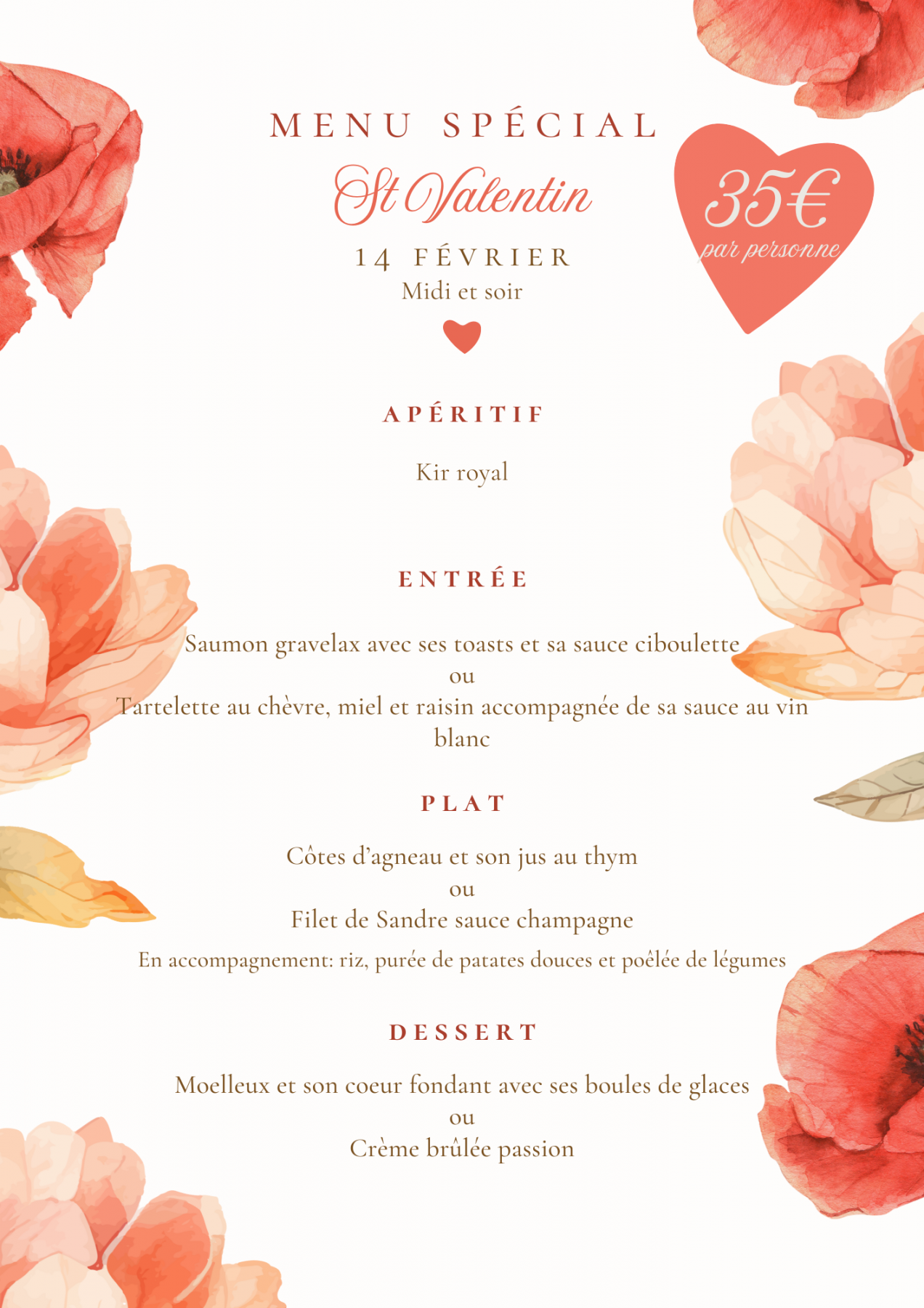 Menu spécial St Valentin