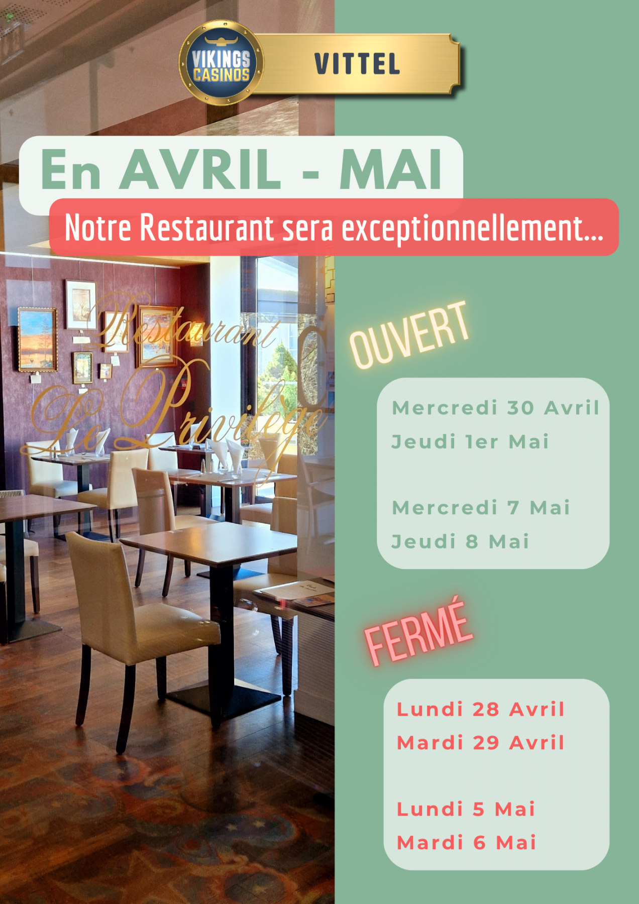Ouverture exceptionnelle de notre restaurant